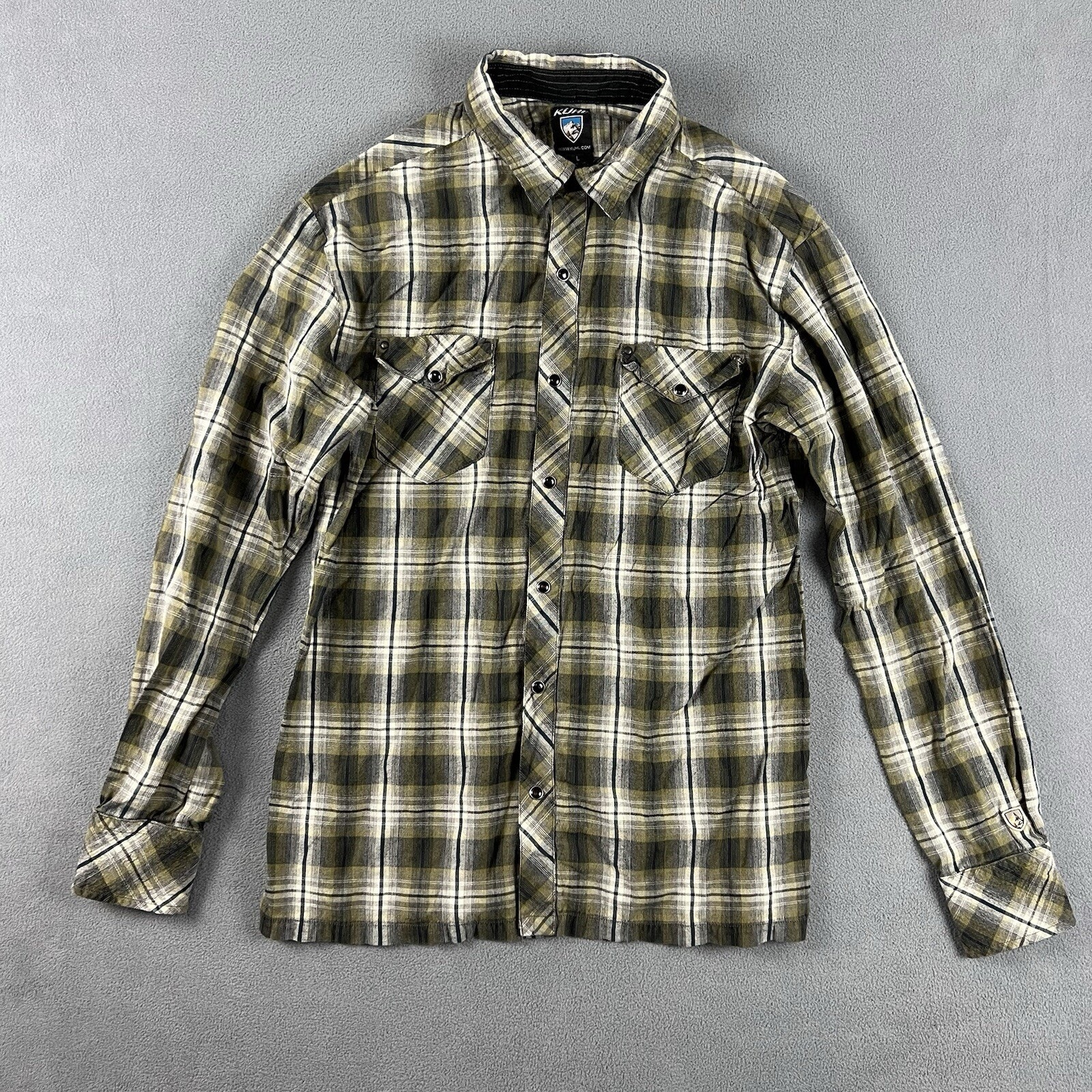 Kuhl Shirt Mens Large Flannel Green Black Pearl Snap Outdoors Casual Classiccore